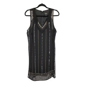 Nicole Miller Retro 20's Flapper Sheer Sleeveless Layered Beaded Dress Blk Sz XL